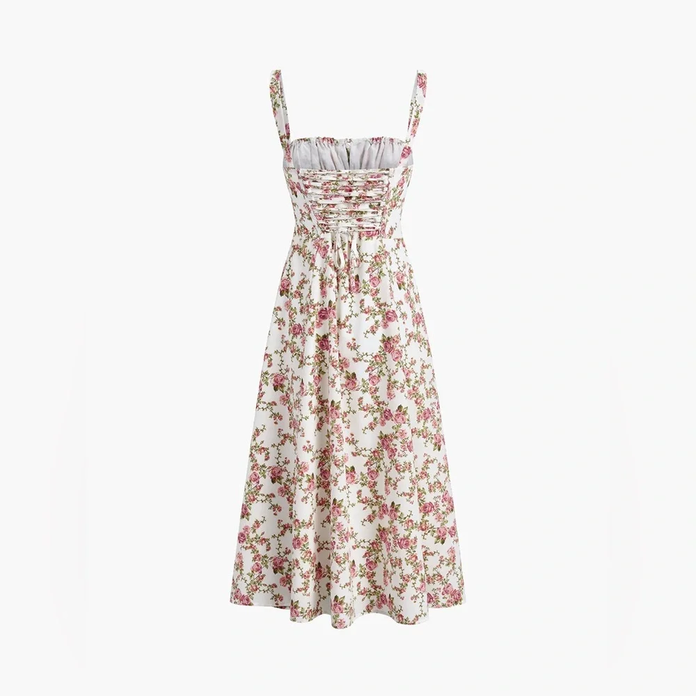 Commense Rosebud Floral Midi Sundress White Pink Slit Corset Small NWT - Picture 3 of 15